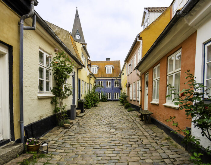 View down the historic Hjelmerstad alley in Aalborg, horizontal