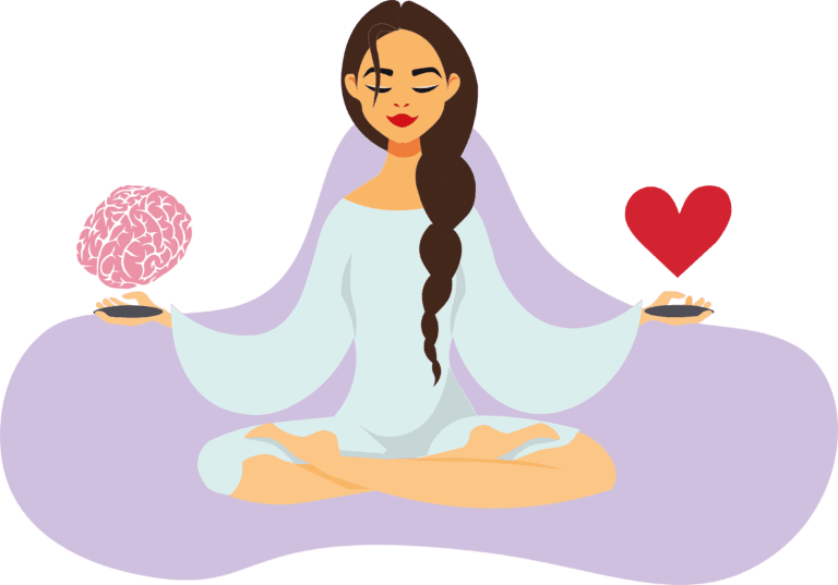 Kvinde der mediterer imens hun holder et hjerte og en hjerne i hver sin hånd.